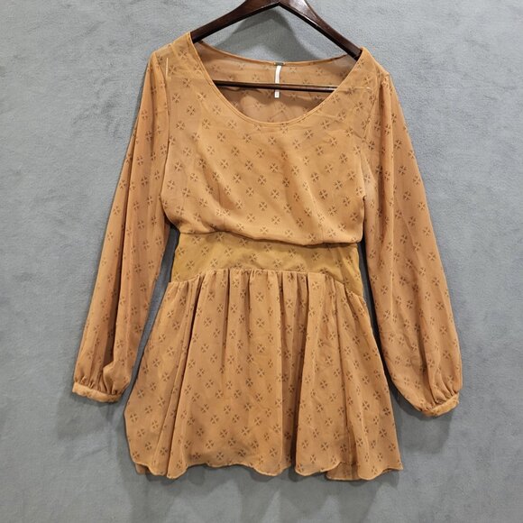 Free People Mini Dress Women's Size Medium Baby Dee Gold Chiffon Boho Hippie‎ - Picture 1 of 6